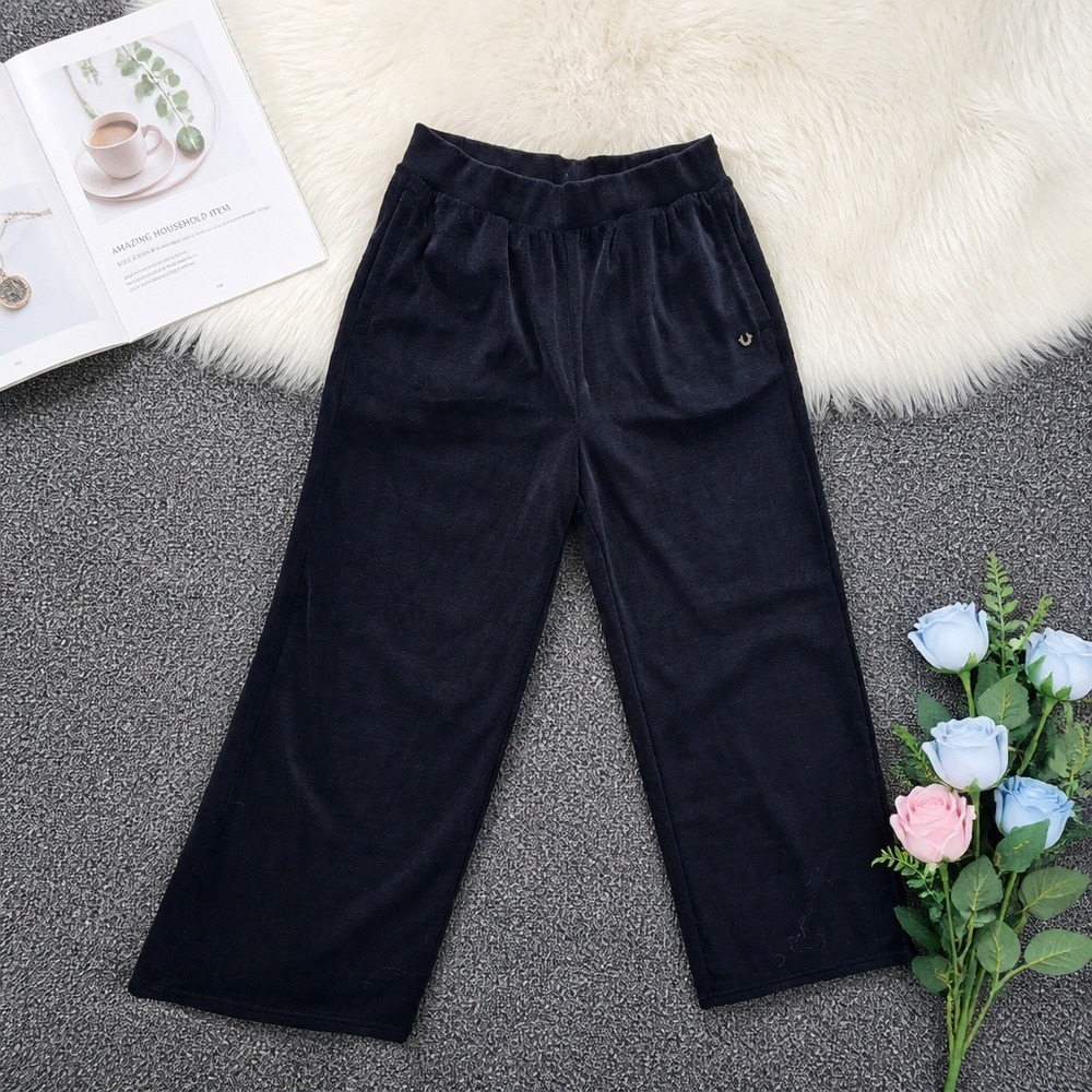 True Religion Womens L Velour Wide Leg Sweatpants‎ Black Cotton Blend Large
